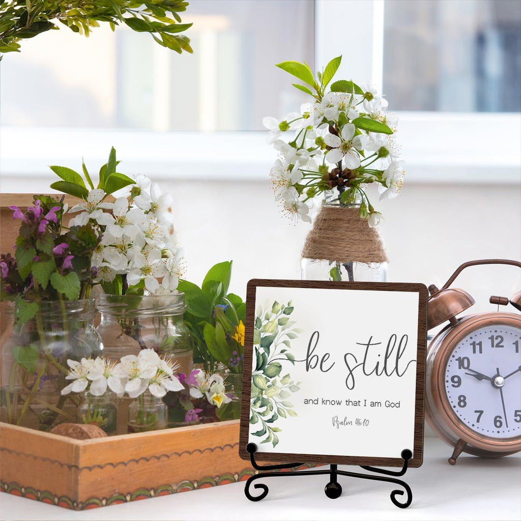 Be Still And Know That I Am God Inspirational Christian Desk Decor, Be Still And Know That I Am God Sign, Desk Decorations For Office Home Living Room Bathroom, Eucalyptus Shelf Decor, Wooden Plaque With Stand (C10)