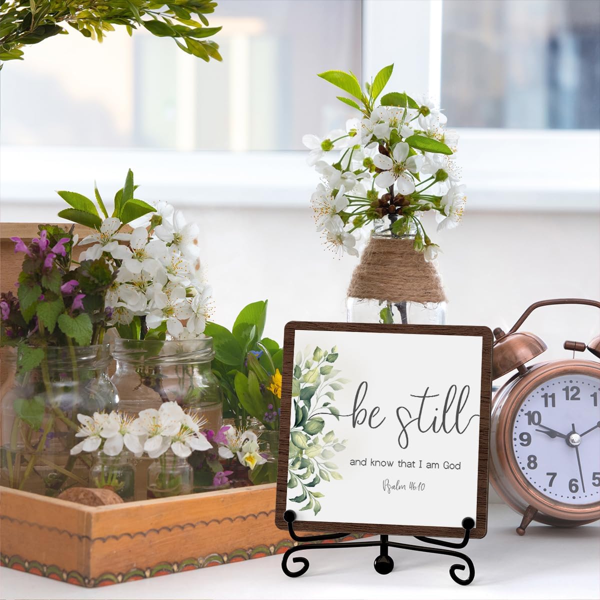 Be Still And Know That I Am God Inspirational Christian Desk Decor, Be Still And Know That I Am God Sign, Desk Decorations For Office Home Living Room Bathroom, Eucalyptus Shelf Decor, Wooden Plaque With Stand (C10)