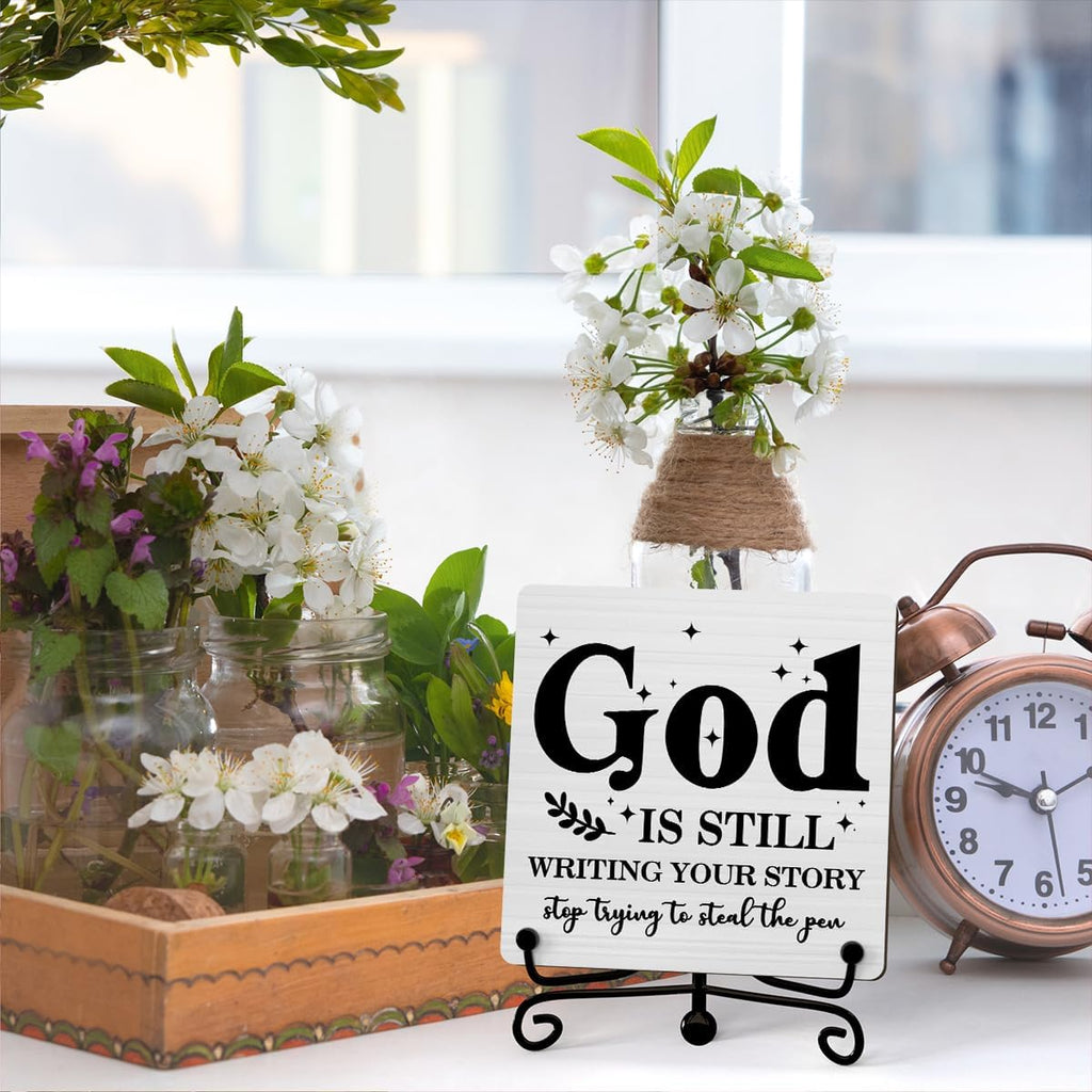 God Is Still Wrting Your Story Inspirational Christian Desk Decor, God Is Still Wrting Your Story Sign, Desk Decorations For Office Home Living Room Bathroom, Eucalyptus Shelf Decor, Wooden Plaque With Stand (C12)