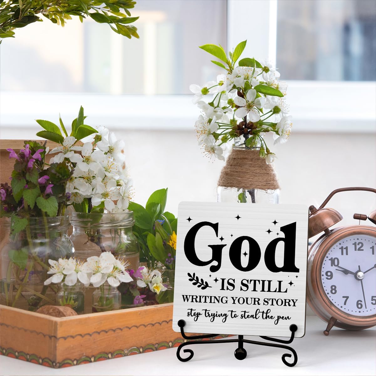 God Is Still Wrting Your Story Inspirational Christian Desk Decor, God Is Still Wrting Your Story Sign, Desk Decorations For Office Home Living Room Bathroom, Eucalyptus Shelf Decor, Wooden Plaque With Stand (C12)