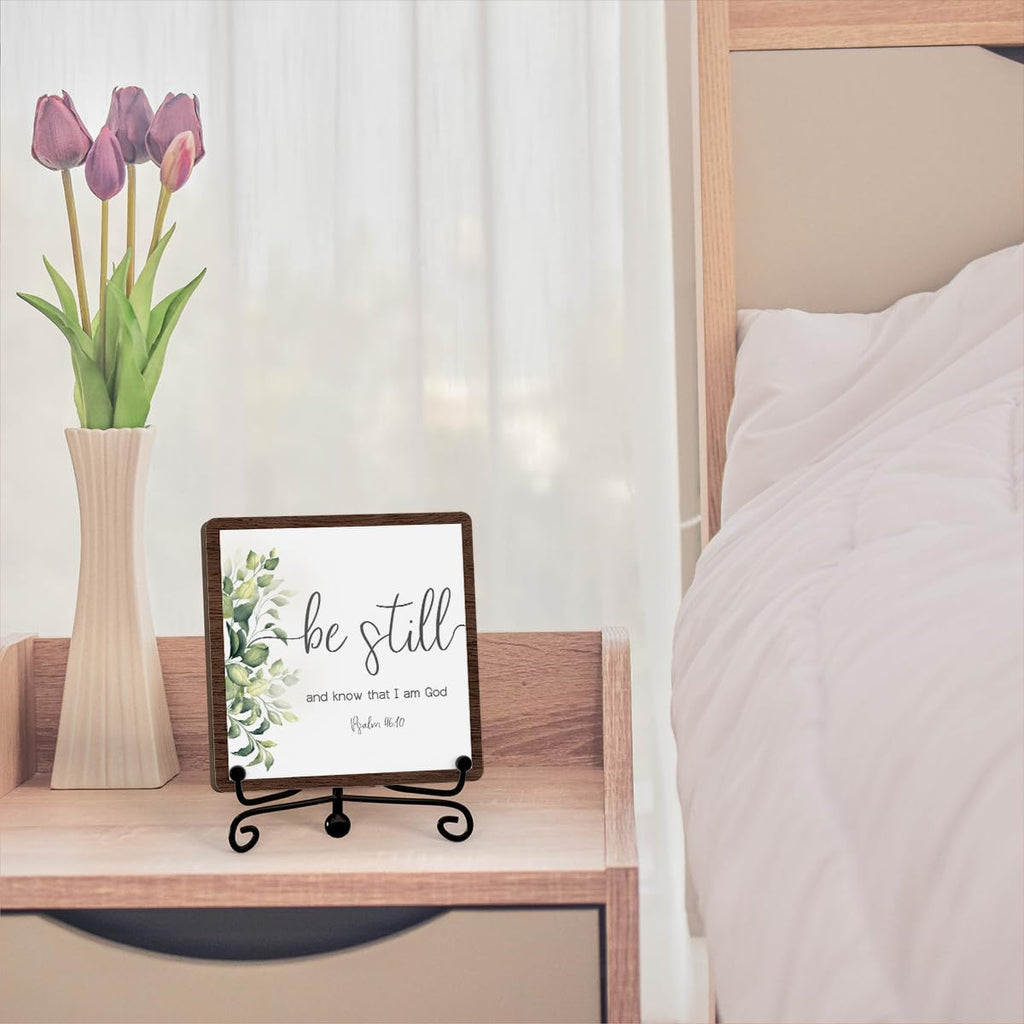 Be Still And Know That I Am God Inspirational Christian Desk Decor, Be Still And Know That I Am God Sign, Desk Decorations For Office Home Living Room Bathroom, Eucalyptus Shelf Decor, Wooden Plaque With Stand (C10)