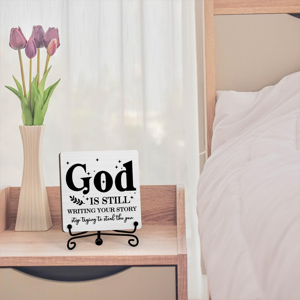 God Is Still Wrting Your Story Inspirational Christian Desk Decor, God Is Still Wrting Your Story Sign, Desk Decorations For Office Home Living Room Bathroom, Eucalyptus Shelf Decor, Wooden Plaque With Stand (C12)