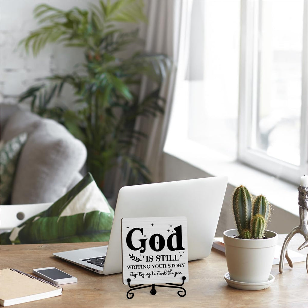 God Is Still Wrting Your Story Inspirational Christian Desk Decor, God Is Still Wrting Your Story Sign, Desk Decorations For Office Home Living Room Bathroom, Eucalyptus Shelf Decor, Wooden Plaque With Stand (C12)