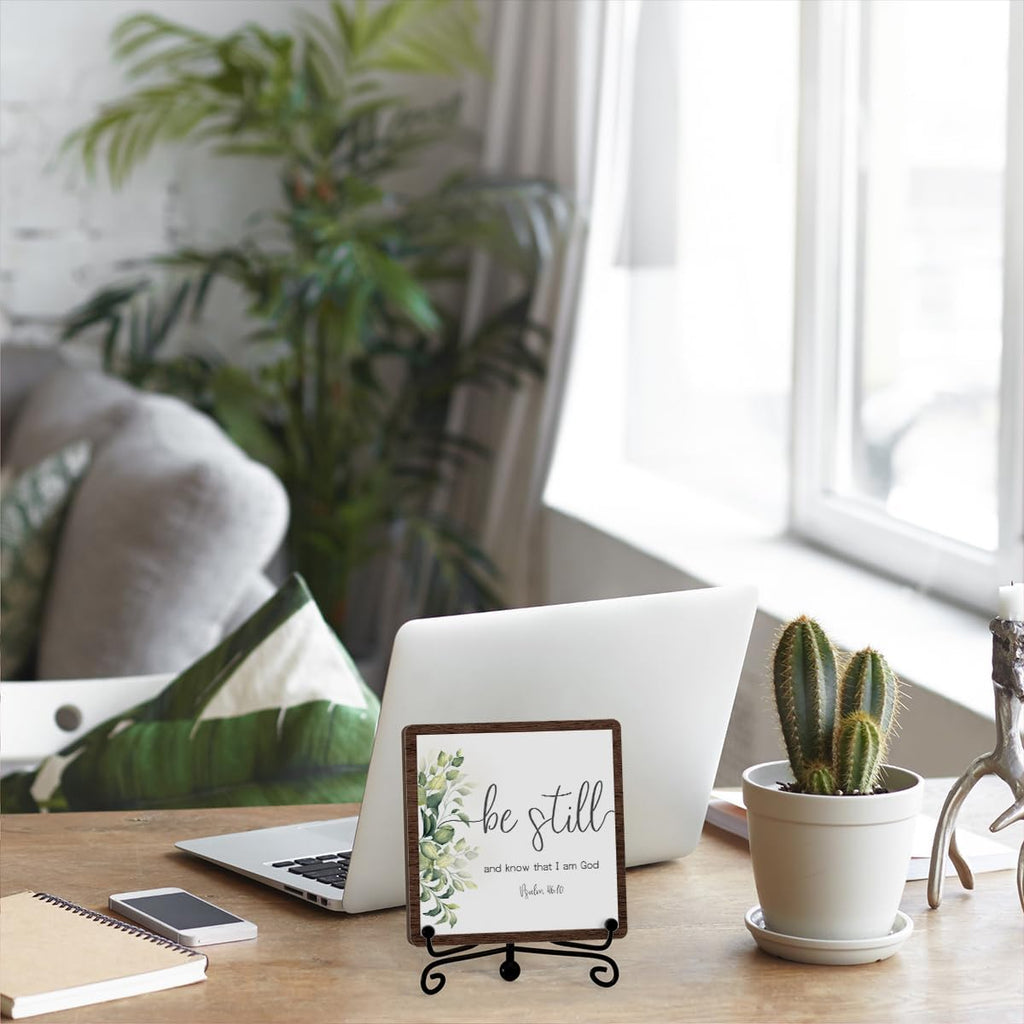 Be Still And Know That I Am God Inspirational Christian Desk Decor, Be Still And Know That I Am God Sign, Desk Decorations For Office Home Living Room Bathroom, Eucalyptus Shelf Decor, Wooden Plaque With Stand (C10)